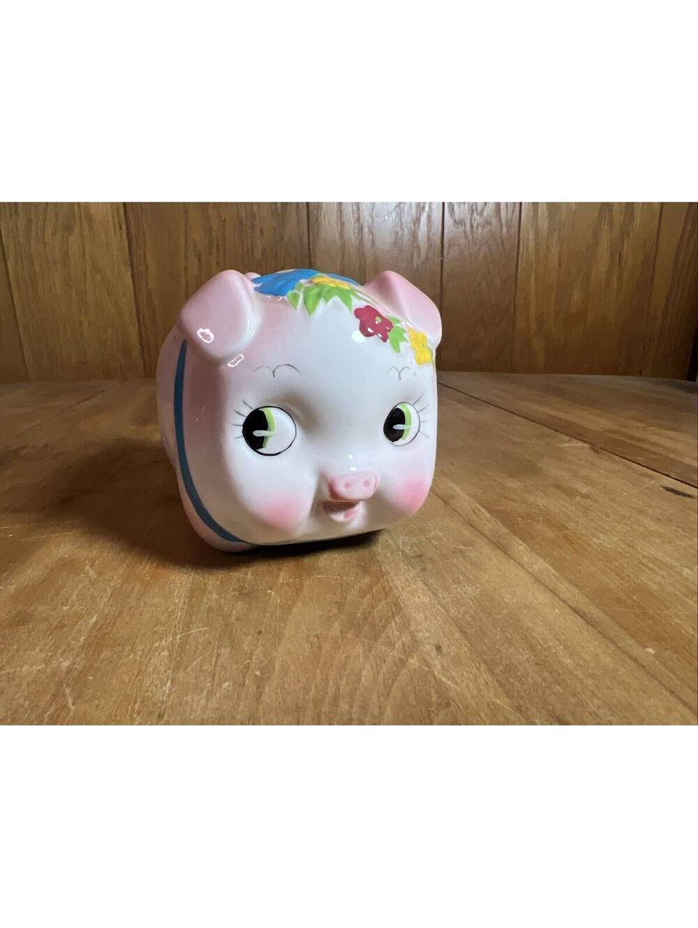 Vintage MCM Anthropomorphic Kitsch Pink White Floral Ceramic Piggy Bank
